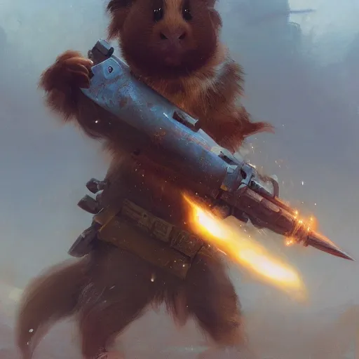 Image similar to Adorable Guinea Pig holding a frivolous weapon of war, illustrated by Greg Rutkowski and Gaston Bussiere, serious lighting, dramatic amtosphere, war-art style, photorealistic imagery, trending on artstation, 4k, 8k