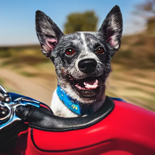 Image similar to blue heeler dog on a motorcycle, 8 k photography, blurred background of a wafflehouse