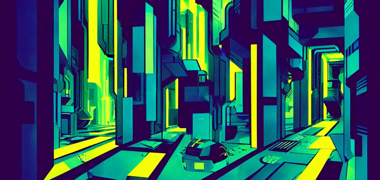 Image similar to post - minimalism, cyberpunk, abstract, slight cubism influence, bladerunner alley, iridescent, comic