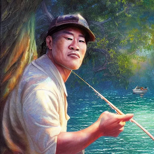 Image similar to portrait of minoru suzuki fishing, an oil painting by ross tran and thomas kincade