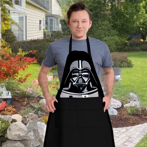 Prompt: darth vader wearing a apron with a funny foke on it grilling at his house on tatoonie, realistic