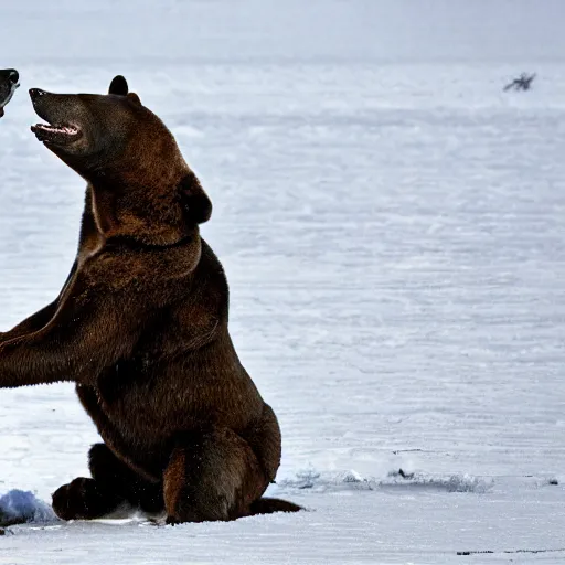 Prompt: a dog bullying a bear