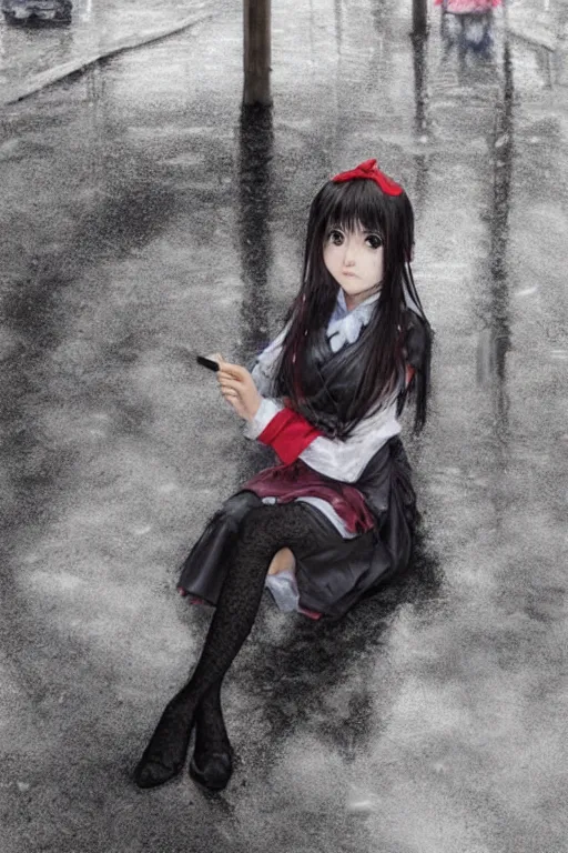 Image similar to A stern girl in Japanese maid's clothes and long stockings sits on the wet pavement in a parking lot in the rain at night. Dark 3d anime drawing art by Ruan Jia and Mandy Jurgens and Artgerm and William-Adolphe Bouguerea Sakimichan