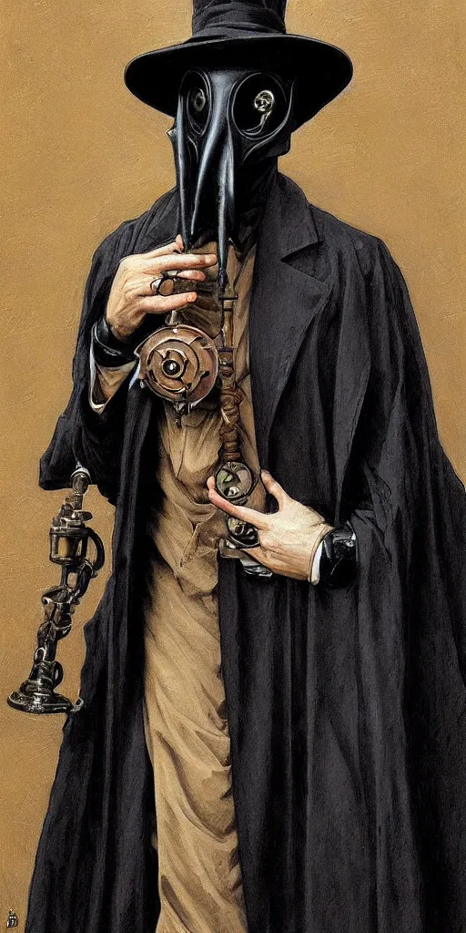 Image similar to portrait of man in black trench coat, wearing a steam punk plague doctor mask and a black top hat, a small wooden flute is held in his right hand. highly detailed, artstation, concept art, by krenz cushart and donato giancola and william adolph bouguereau and alphonse mucha,