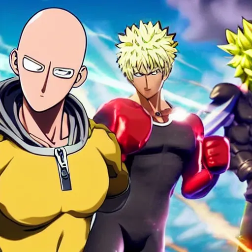 Image similar to one punch man in fortnite, character render, full body shot, highly detailed, in game render