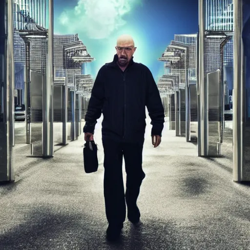 Image similar to walter white walking around in a futuristic city, made of fractals