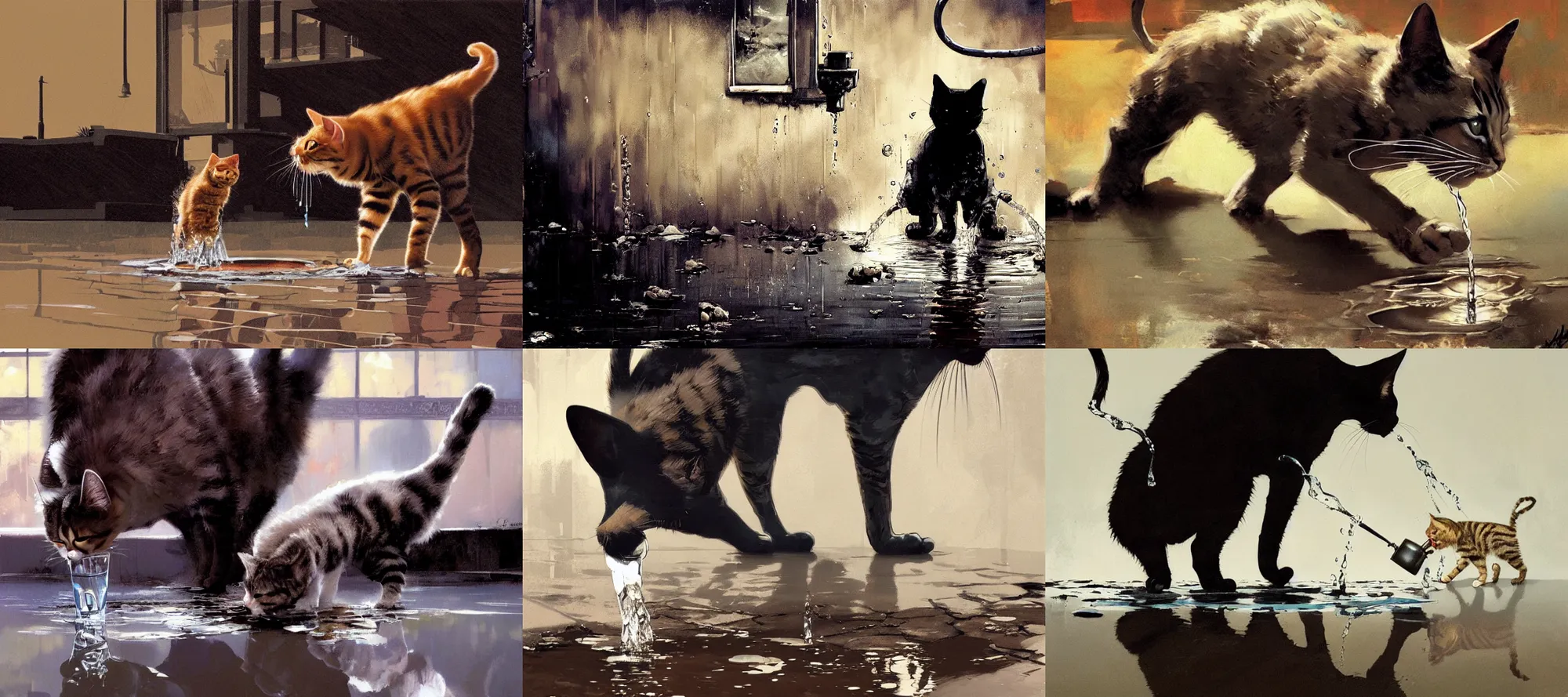 Prompt: incredible screenshot of a cat drinking water from a puddle, by phil hale, ashley wood, geoff darrow, james jean, 8k, hd, high resolution print