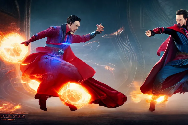 Image similar to Action sequence still of Doctor Strange and Scarlet Witch on the battlefield, fighting, Trending on artstation, photorealistic image, photorealistic imagery, 4k, 8k, movie still, action still