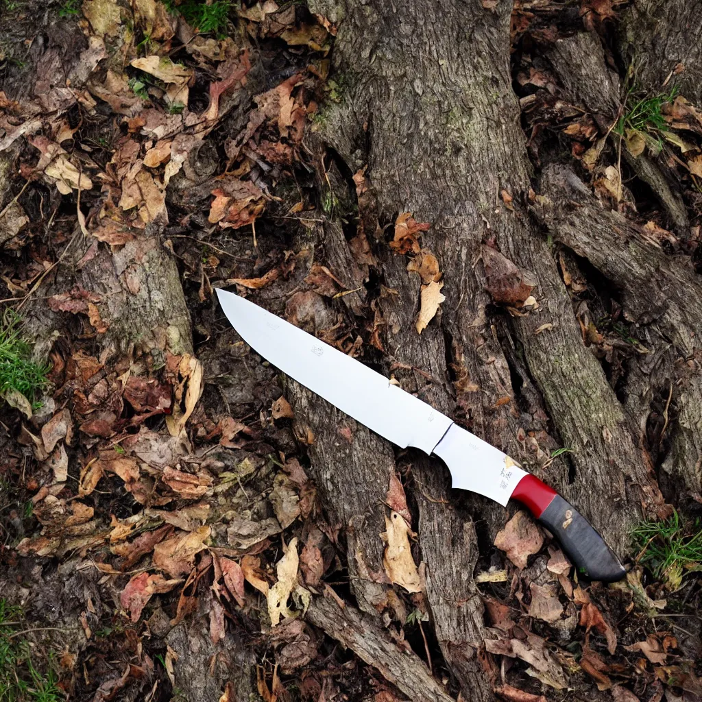 Prompt: knife, tree stump, blood