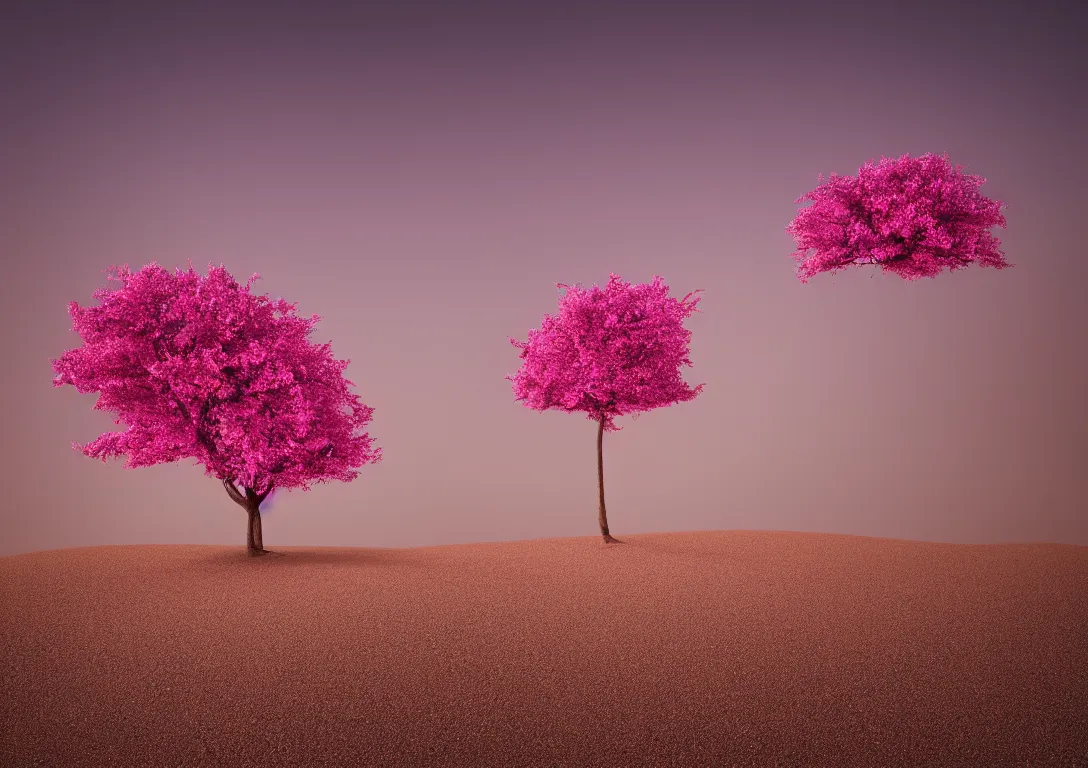 Image similar to a lonely pink tree in a dark desert, sand, gold, bright light, detailed photography, vivid colors, ultra realistic, 8 k, photography