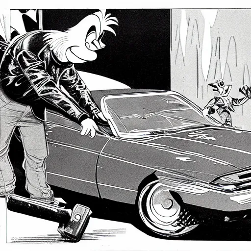 Prompt: shocking and horrifying picture of Donald Duck smashing his car with a hammer. leather jacket, black makeup. character design by Bruce Pennington, detailed, inked, western comic book art