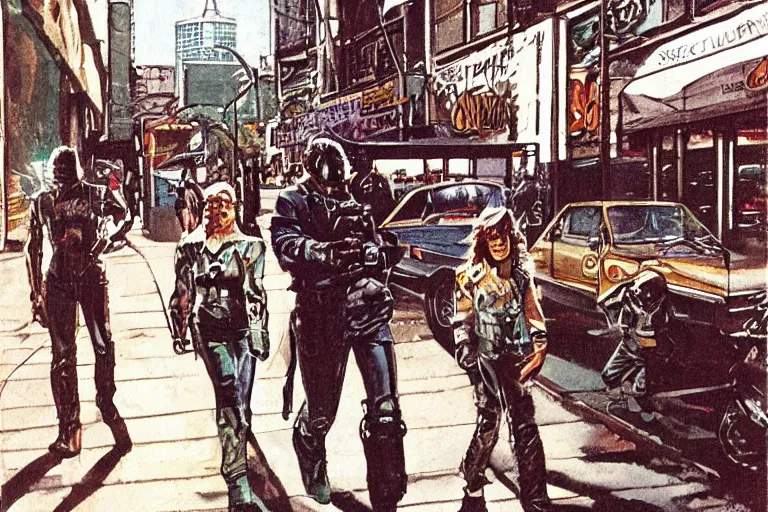 Image similar to 1 9 7 9 science fiction depicting mechwarrior walking at street level in with beautiful scenery. art by tim conrad and vic bonilla