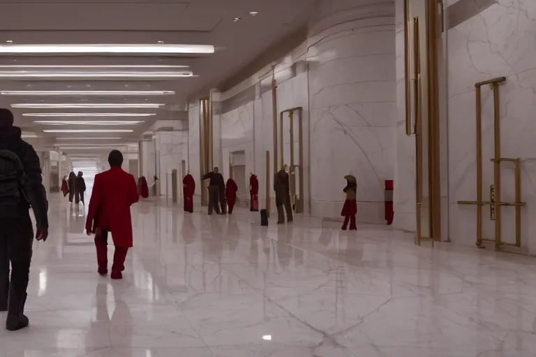Prompt: Bank interior elegant bank fancy white marble flooring reflective gold accents. blade runner 2049 movie still. man wearing red jacket carrying duffle bag holding shotgun. 2017 movie still 35mm wide angle lens