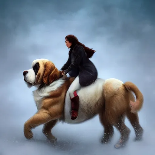 Prompt: girl riding giant saint Bernard in the park, trending on artstation