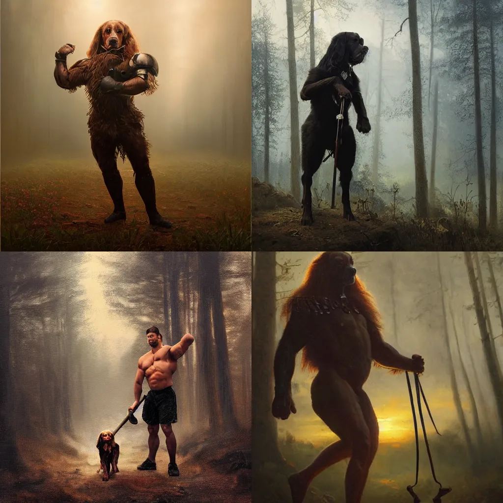 Prompt: oil painting portrait , backlit epic pose muscular powerlifter mutant oversized cocker spaniel is wearing medieval armor , moody forest foggy background and sunset by greg rutkowski