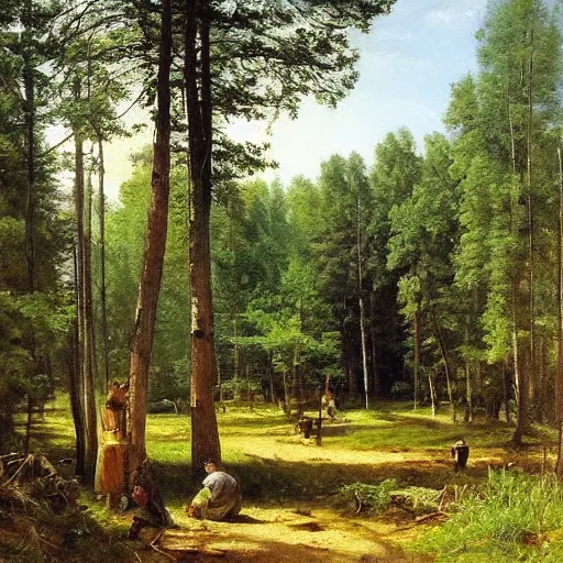 Image similar to Ivan Shishkin painting of a beautiful burger at forest, beautiful lighting, sunny, summer, painting Ivan Shishkin