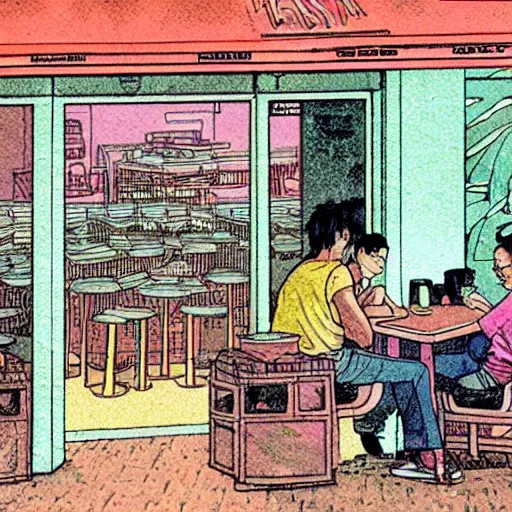 Image similar to a singaporean coffeeshop, by moebius