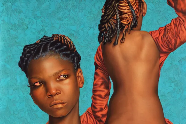 Image similar to a girl pirate with iridescent skin by kehinde wiley