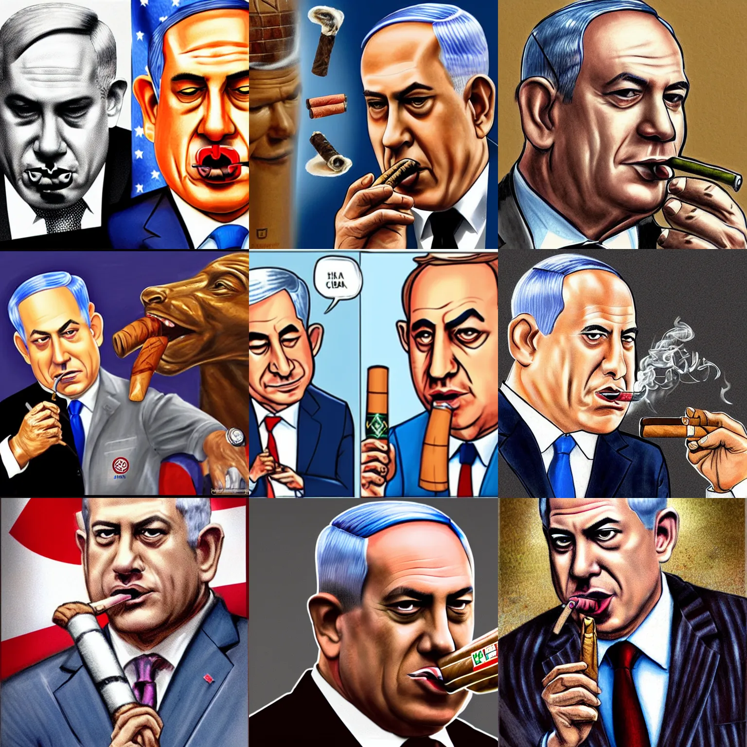 Prompt: netanyahu smoking a cuban cigar, cartoon, hyper realistic, hyper detailed