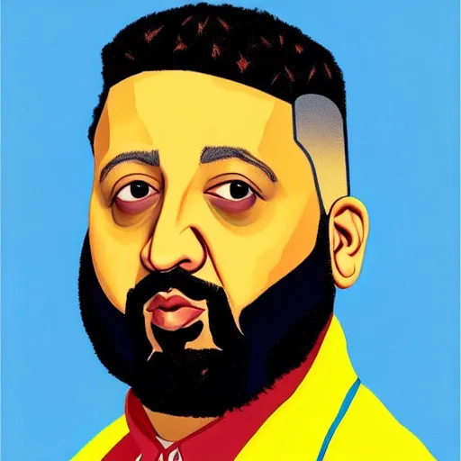 Image similar to ultra realistic portrait of dj khaled in a studio, ultra detailed, under blue, red and yellow cinematic lighting, by van gogh, cartoon, monument valley, escher