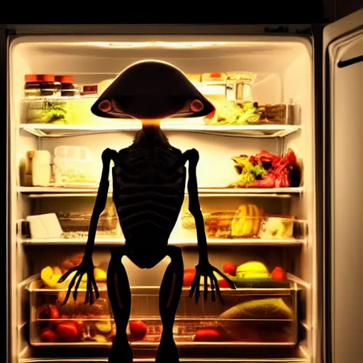 Image similar to candid photo of an alien looking for food in the fridge, cinematic night lighting