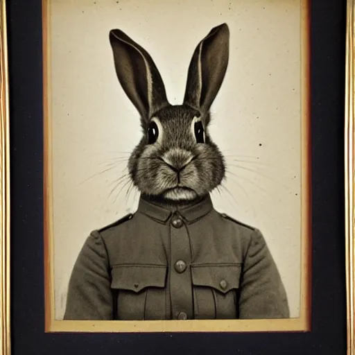 Image similar to a ww1 portrait of a rabbit wearing a uniform