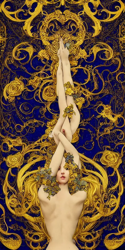 Prompt: black blue yellow, complicated gold and blue flowers the baroque style decoration, dark fantasy, intricate, elegant, highly detailed, digital painting, artstation, concept art, matte, 3 d 8 k octane rendered, sharp focus, illustration, octane rendered, art by artgerm and alphonse mucha, leesha hannigan