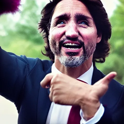 Prompt: UHD candid photo of Justin Trudeau dressed as a henchman, wearing accurate clown makeup, accurate face, UHD, photorealistic, correct face, photo by Annie Leibowitz