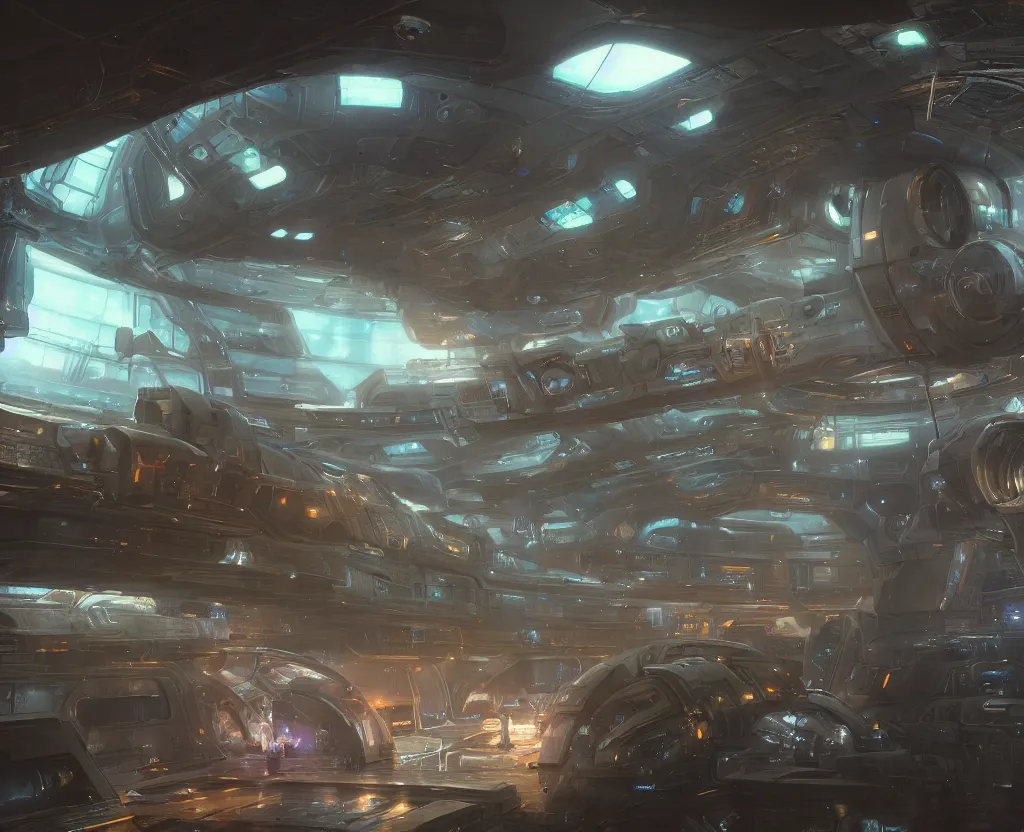 Prompt: the inside of a futuristic space dock, highly detailed interior, holographic screen in center frame by peter mohrbacher and craig mullins, dieselpunk, firefly, unreal engine 5, extreme detail, hyper realism, realistic shading, cinematic composition, realistic render, octane render, detailed textures, photorealistic