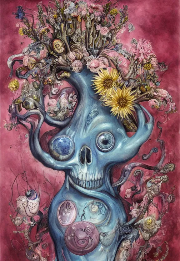 Image similar to a biomorphic painting of a vase with flowers and eyeballs in it, a surrealist painting by marco mazzoni, by dorothea tanning, pastel blues and pinks, lips, melting, plastic, skull, featured on artstation, metaphysical painting, oil on canvas, fluid acrylic pour art, airbrush art, seapunk, rococo, lovecraftian