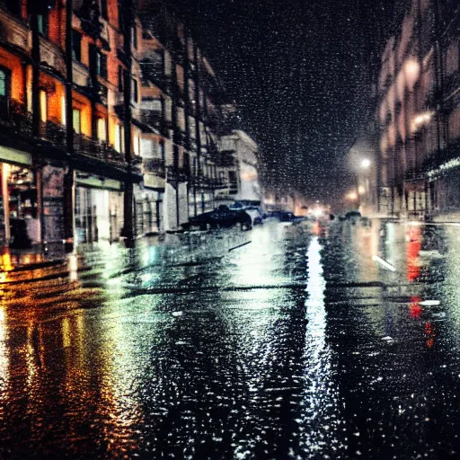Prompt: a city street at night, raining, photograph, cars on the road,