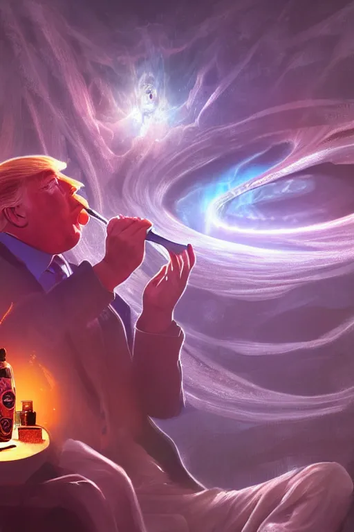 Image similar to portrait of trump drinking ayahuasca in a wormhole, by pablo amaringo, dramatic lighting, concept art, artstation