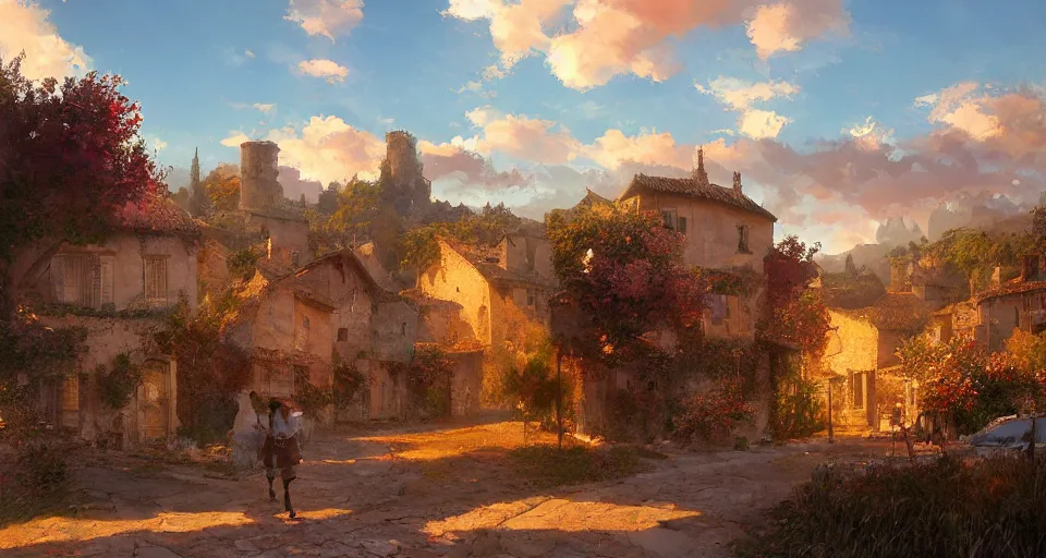 Image similar to craig mullins and ghibli digital art, village of lourmarin at sunset unreal engine, hyper realism, realistic shading, cinematic composition, realistic render, octane render, detailed textures, photorealistic, wide shot