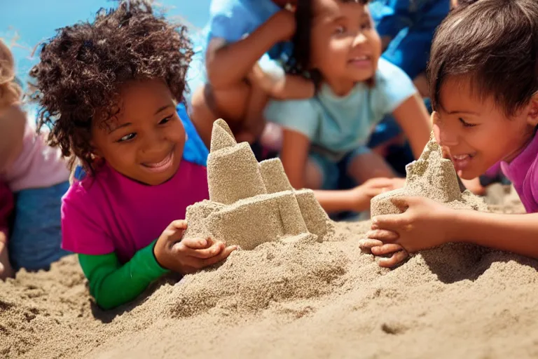 Prompt: children touching a sand castle