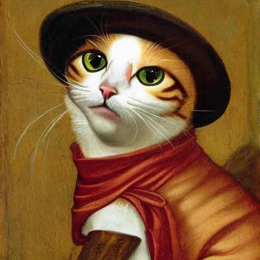 Image similar to renaissance painting of a cat wearing a pickelhaube