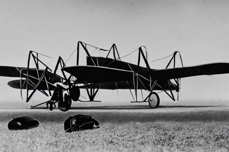 Prompt: still photo of the wright brothers taking off an airplane for the first time, black and white color photograph, highly detailed, photorealistic shot, bright studio setting, studio lighting, crisp quality and light reflections, unreal engine 5 quality render