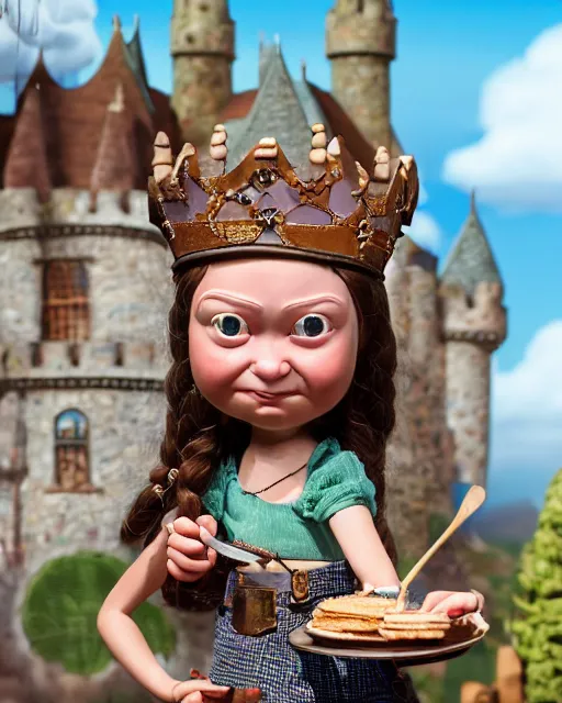 Image similar to highly detailed closeup, face profile portrait of a tin toy greta thunberg as a medieval goblin eating cakes in a castle, bikini, depth of field, nicoletta ceccoli, mark ryden, lostfish, dan decarlo, bob clampett, max fleischer, detailed and intricate environment, 8 k resolution, hyperrealistic, octane render