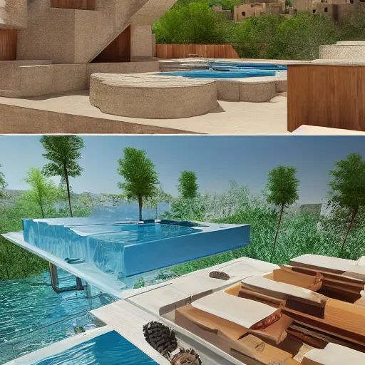 Image similar to habitat 6 7 in the desert, biophilia mood, pool, garden, highly detailed, cinematic, photorealistic,