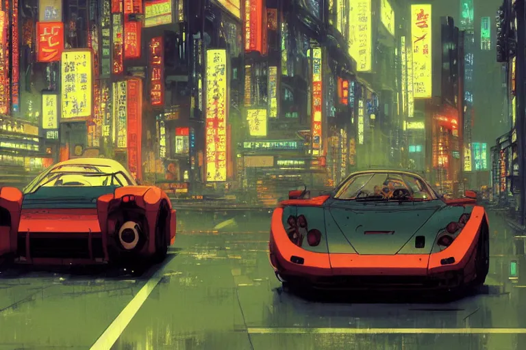 Image similar to akira cyberpunk autozam az - 1 speeding through tokyo at night by greg rutkowski makoto shinkai takashi takeuchi studio ghibli, akihiko yoshida