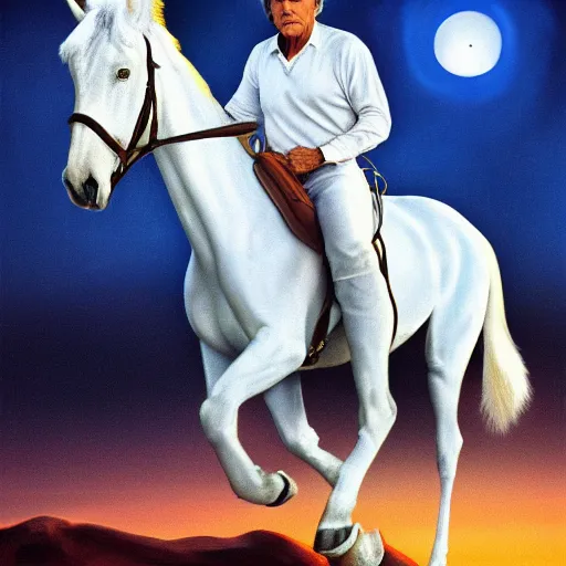 Image similar to harrison ford on a white stallion, photogenic, realistic, sunset, detailed, 4 k