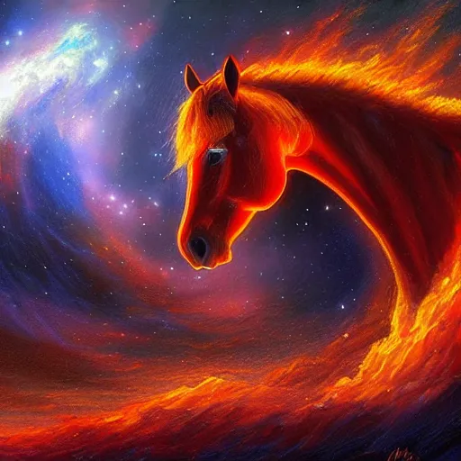 Image similar to A Fire horse , an oil painting , Digital art, concept art, highly detailed, by Mark Brooks, 3-D 8K, amazing nebula background, unreal engine,