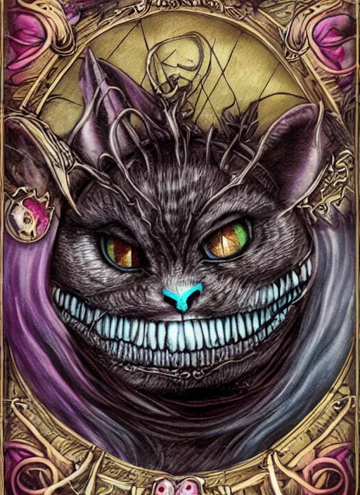 Image similar to cheshire cat death tarot card, highly detailed, half skull face, cinematic, 8 k, bymegan duncanson, benjamin lacombe, naoto hattori, adrian borda, giger, trending on deviantart, hyper detailed, horror, full of colour