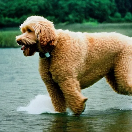 Prompt: cinestill of a big blonde labradoodle dog attacking!!! a crocodile, action shot, nature documentary