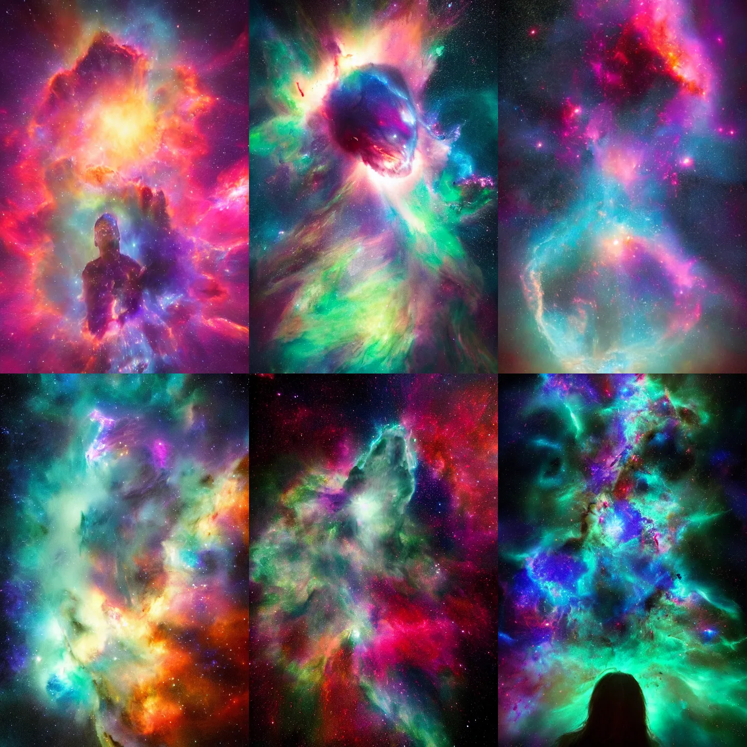 Prompt: face melting into the universe, awe, volumetric lights, nebula, by galen dara