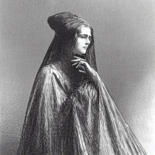 Image similar to side portrait of a beautiful victorian widow, close up, depth, shadow, dramatic light, Chiaroscuro, illustration by Gustave Doré