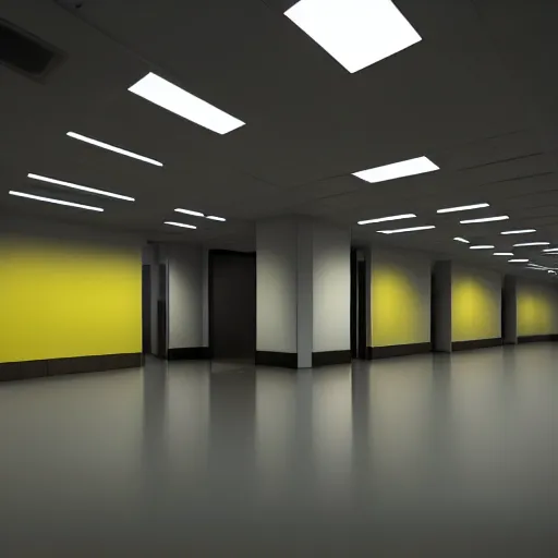 Image similar to xenomorph in endless empty office building with monoyellow walls, brown carpet, defective fluorescent lighting, artstation, ultra detailed, creepy, photorealistic, nostalgia