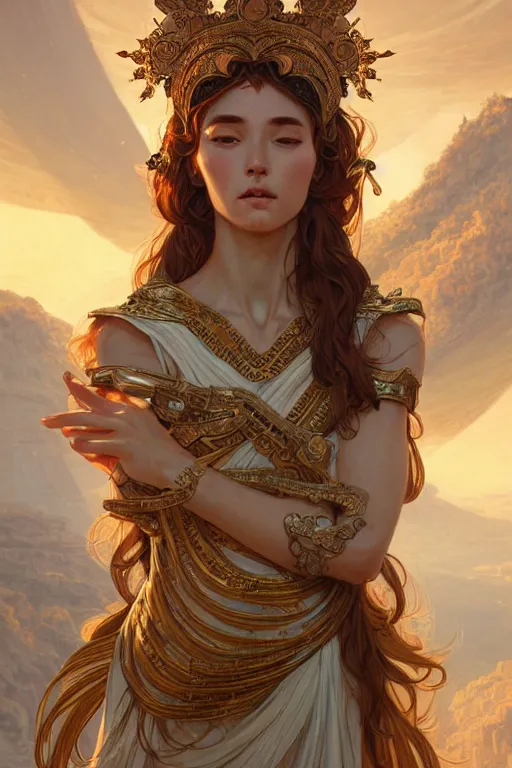 Prompt: portrait goddess athena, in ruined Agora of Athens Sunrise, ssci-fi and fantasy, intricate and very beautiful and elegant, highly detailed, digital painting, artstation, concept art, smooth and sharp focus, illustration, art by tian zi and WLOP and alphonse mucha