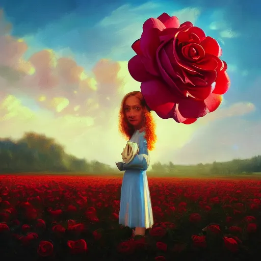 Image similar to closeup, giant rose flower head, portrait, a girl in a suit, surreal photography, sunrise, blue sky, dramatic light, impressionist painting, digital painting, artstation, simon stalenhag