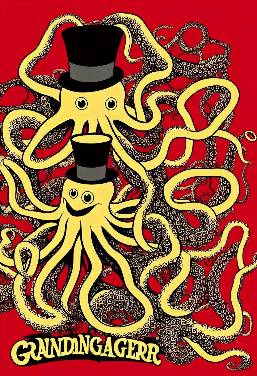 Image similar to concert poster for the band 'GrandpaFinger', symmetrical octopus wearing a top hat, vector art, 8k, highly detailed illustration