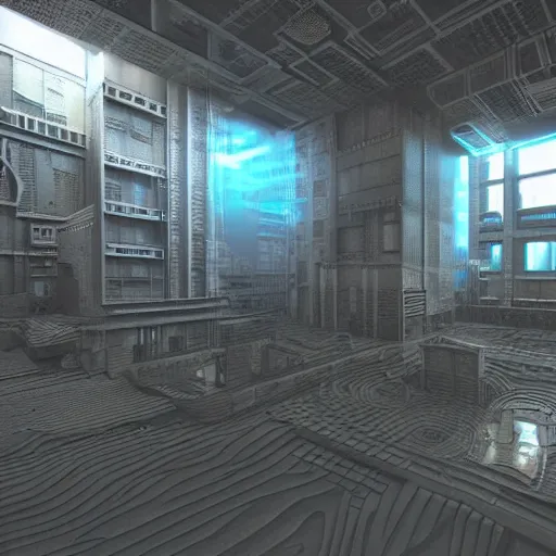 Prompt: “3D scene with high draw distance. Floorwide 3D model of a cyberpunk city placed inside of a room.”